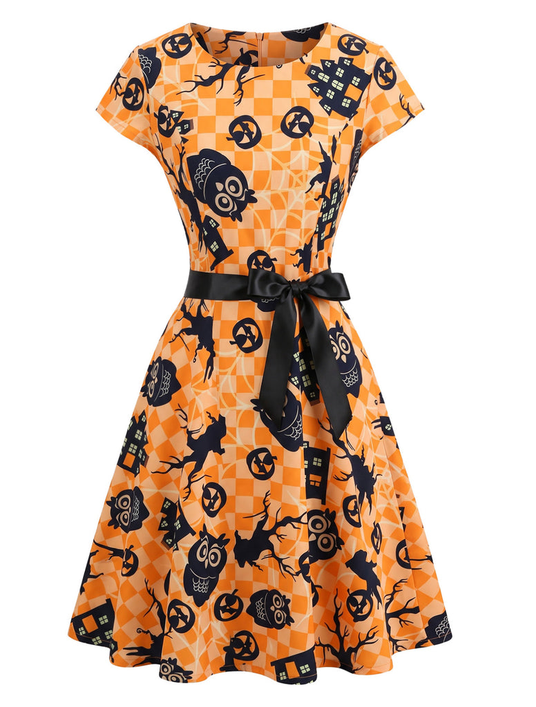 Robe évasée d’Halloween à citrouilles et hiboux avec ceinture années 1950
