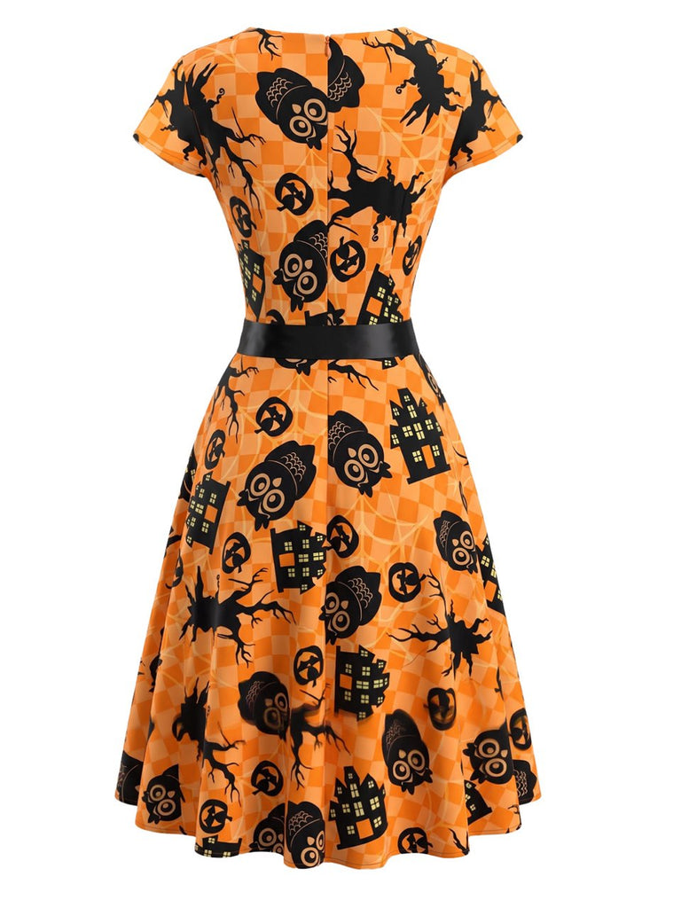 Robe évasée d’Halloween à citrouilles et hiboux avec ceinture années 1950