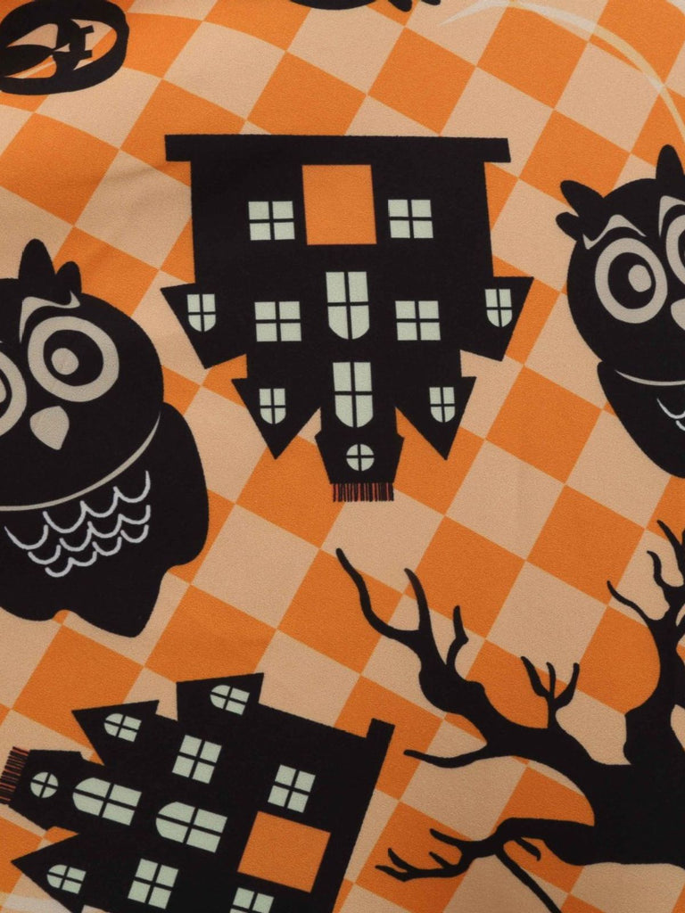 Robe évasée d’Halloween à citrouilles et hiboux avec ceinture années 1950