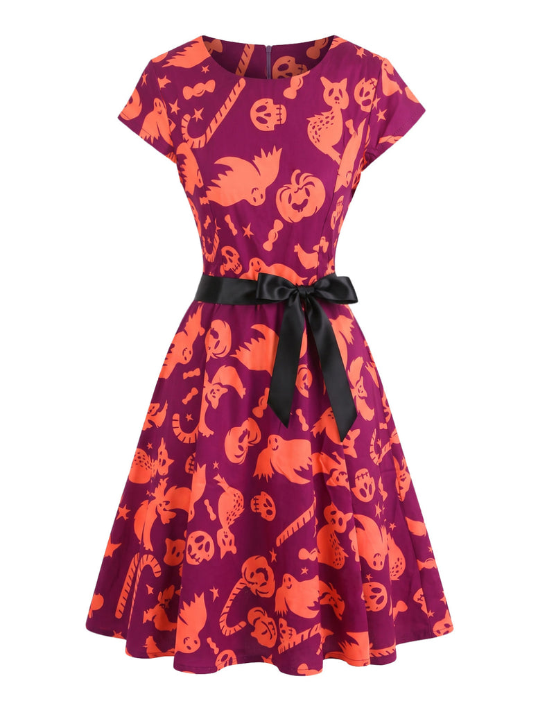 Robe évasée d’Halloween à citrouilles et hiboux avec ceinture années 1950