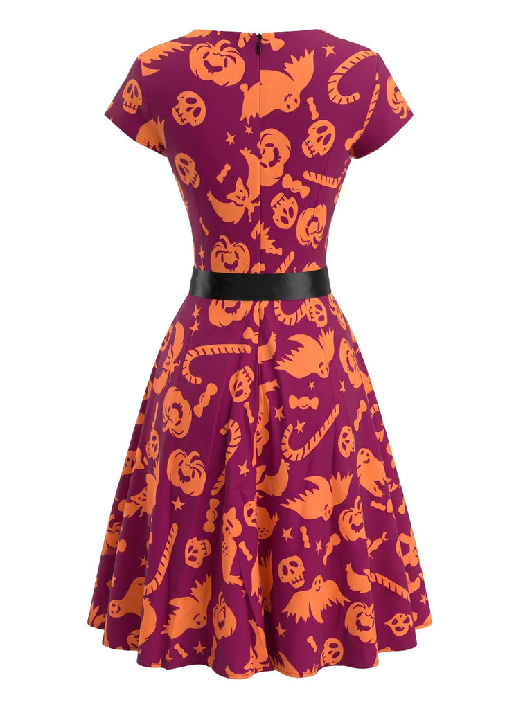 Robe évasée d’Halloween à citrouilles et hiboux avec ceinture années 1950