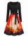 Robe évasée Halloween à citrouilles, chauves-souris et nœud à l’encolure années 1950 - 2