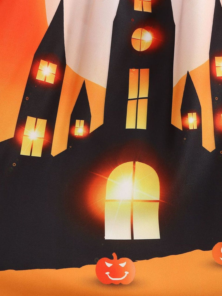 Robe évasée Halloween à citrouilles, chauves-souris et nœud à l’encolure années 1950 - 12