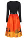 Robe évasée Halloween à citrouilles, chauves-souris et nœud à l’encolure années 1950 - 9