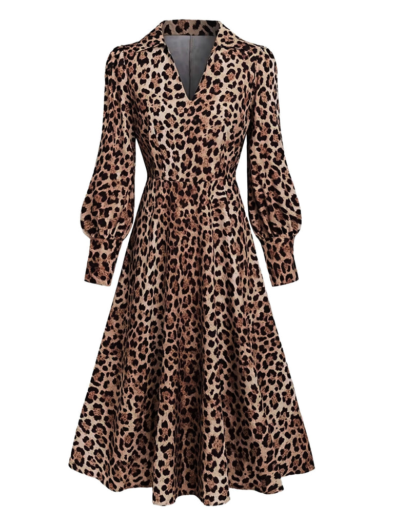 Robe léopard marron à col V et manches ballon années 1940