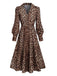 Robe léopard marron à col V et manches ballon années 1940