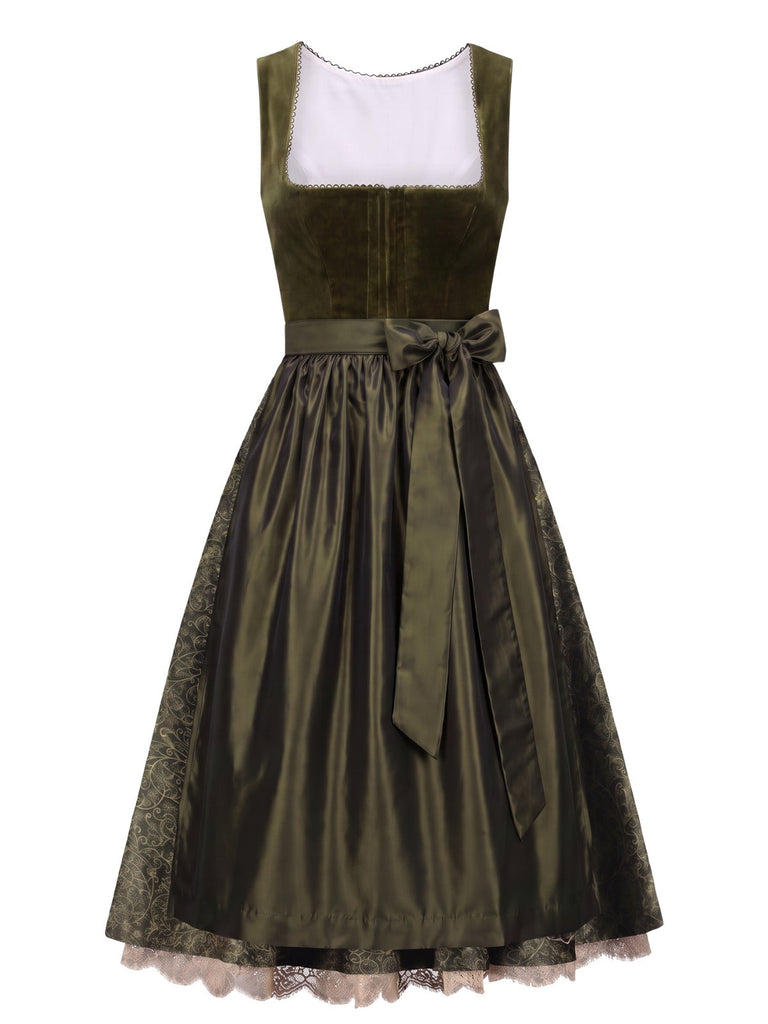[Prévente] Robe vert olive florale à col carré avec tablier Années 1950