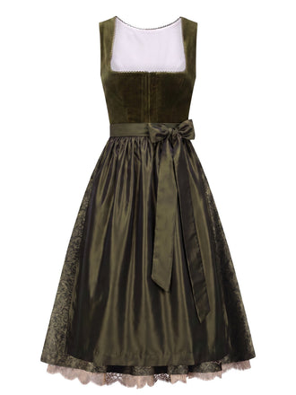 [Prévente] Robe vert olive florale à col carré avec tablier Années 1950