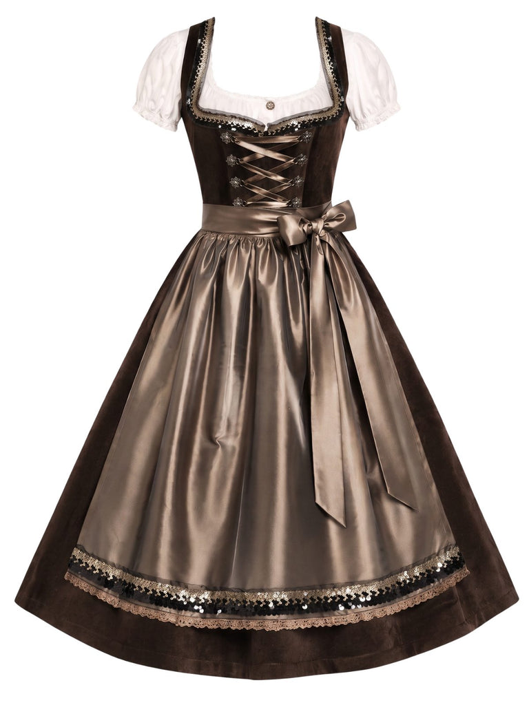 [Prévente] Robe marron à laçage et col carré avec tablier et top à manches bouffantes Années 1950