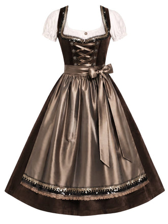 [Prévente] Robe marron à laçage et col carré avec tablier et top à manches bouffantes Années 1950