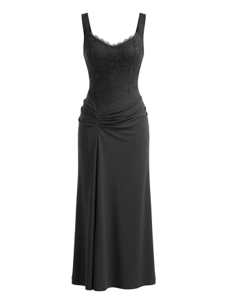 Robe longue en dentelle à bretelles larges et fronces années 1930 - 1