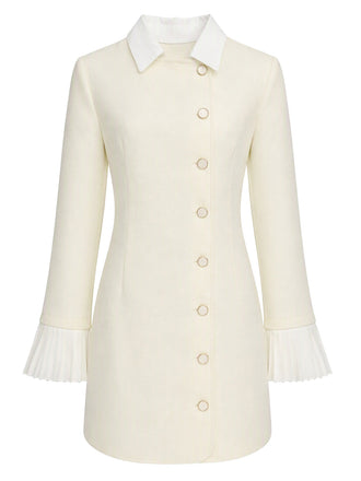 Robe courte beige ajustée à poignets plissés et boutons années 1960 - 1
