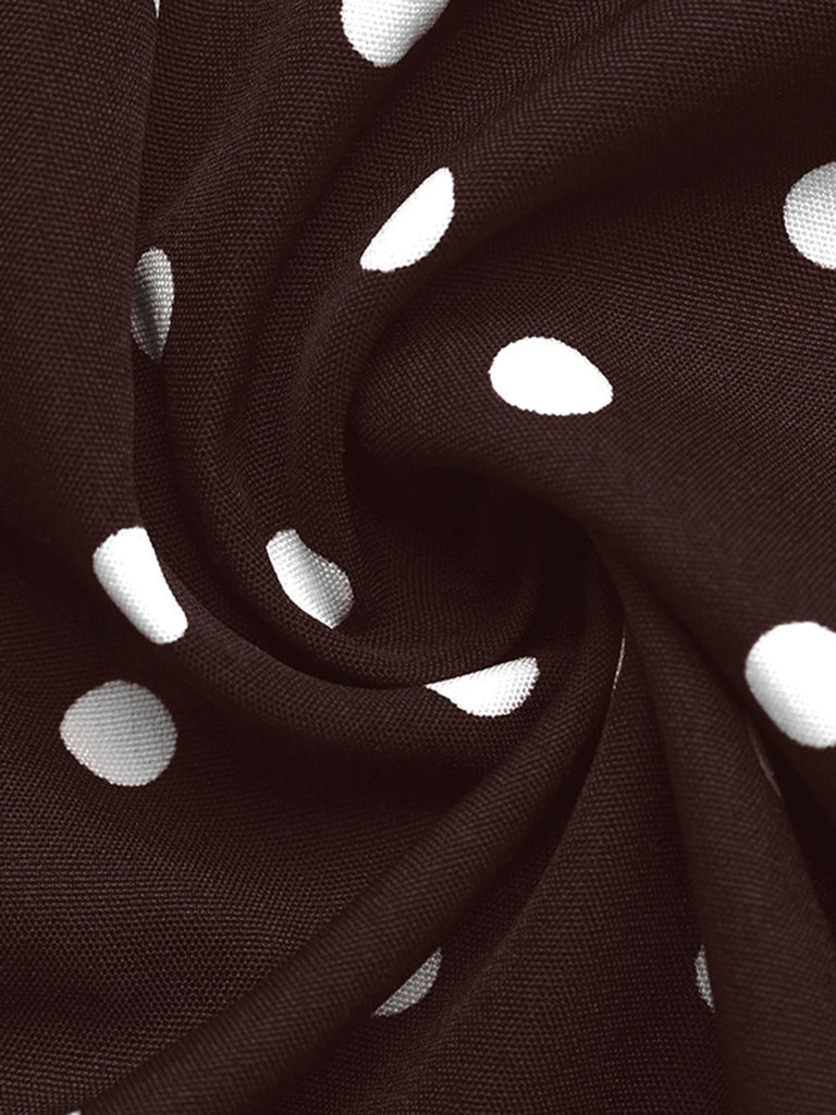 Robe courte marron à pois, col à nouer et manches cloche années 1960 - 5