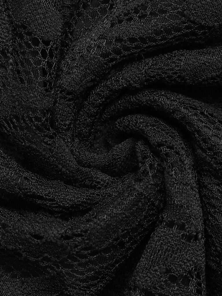 Robe courte noire en dentelle fleurie, empiècement transparent et manches longues années 1960 - 6