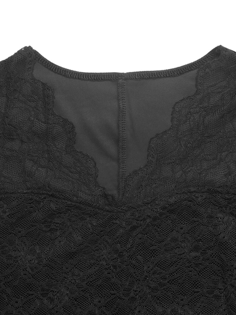 Robe fourreau noire en velours et dentelle, col V années 1930 - 5