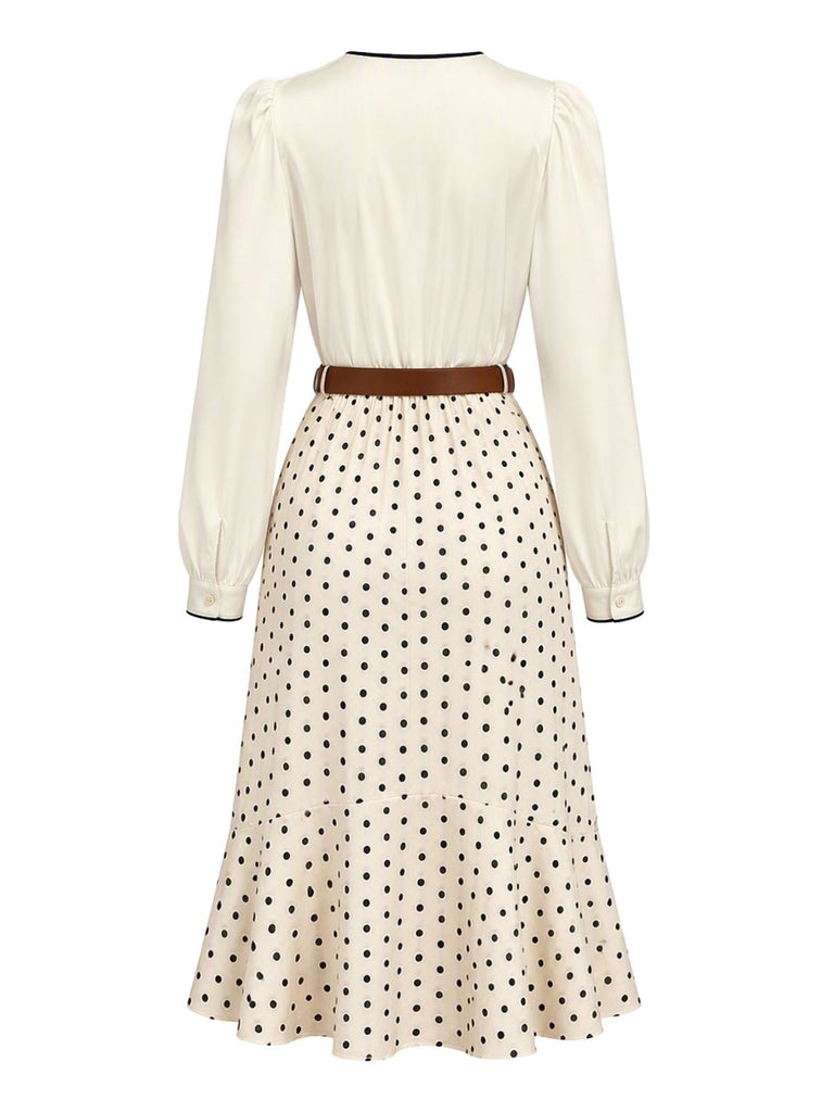 2PCS Ensemble blouse beige en satin à col V et jupe sirène à pois Années 1930 - 6