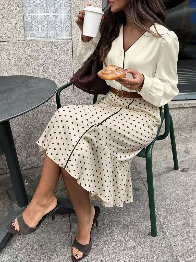 2PCS Ensemble blouse beige en satin à col V et jupe sirène à pois Années 1930 - 4