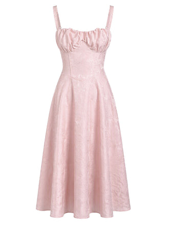 Robe corset en jacquard fleuri à fines bretelles et buste froncé années 1950 - 1