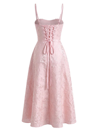 Robe corset en jacquard fleuri à fines bretelles et buste froncé années 1950 - 2