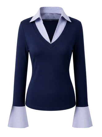 Haut bleu marine à col V et manches évasées style preppy Années 1980 - 1