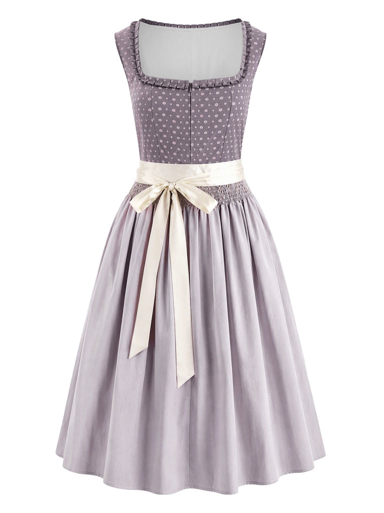 Ensemble 2PCS robe et tablier violets à fleurs, pois et col carré années 1950