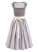 Ensemble 2PCS robe et tablier violets à fleurs, pois et col carré années 1950