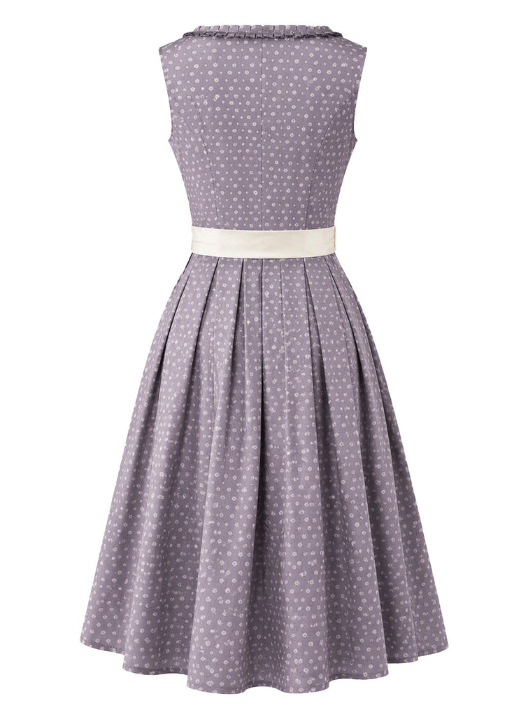 Ensemble 2PCS robe et tablier violets à fleurs, pois et col carré années 1950