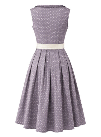 Ensemble 2PCS robe et tablier violets à fleurs, pois et col carré années 1950