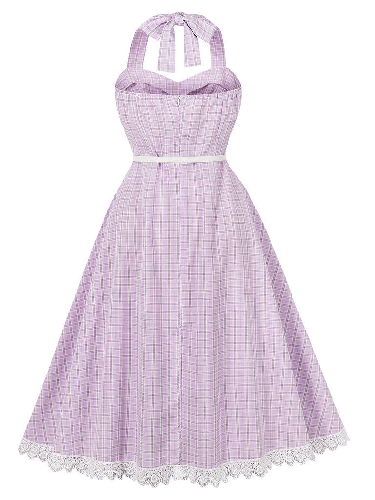 Robe lavande à carreaux, col Halter, dos nu et empiècements en dentelle Années 1950 - 3