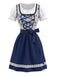Robe bleue et blanche à fleurs, dentelle et manches bouffantes avec tablier années 1950