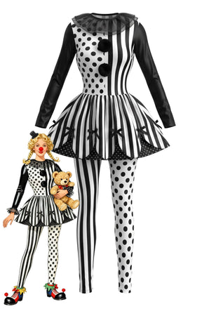Ensemble costume de clown noir à pois et rayures années 1950