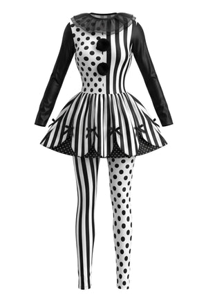 Ensemble costume de clown noir à pois et rayures années 1950