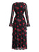 Robe longue léopard à col carré et volants années 1980