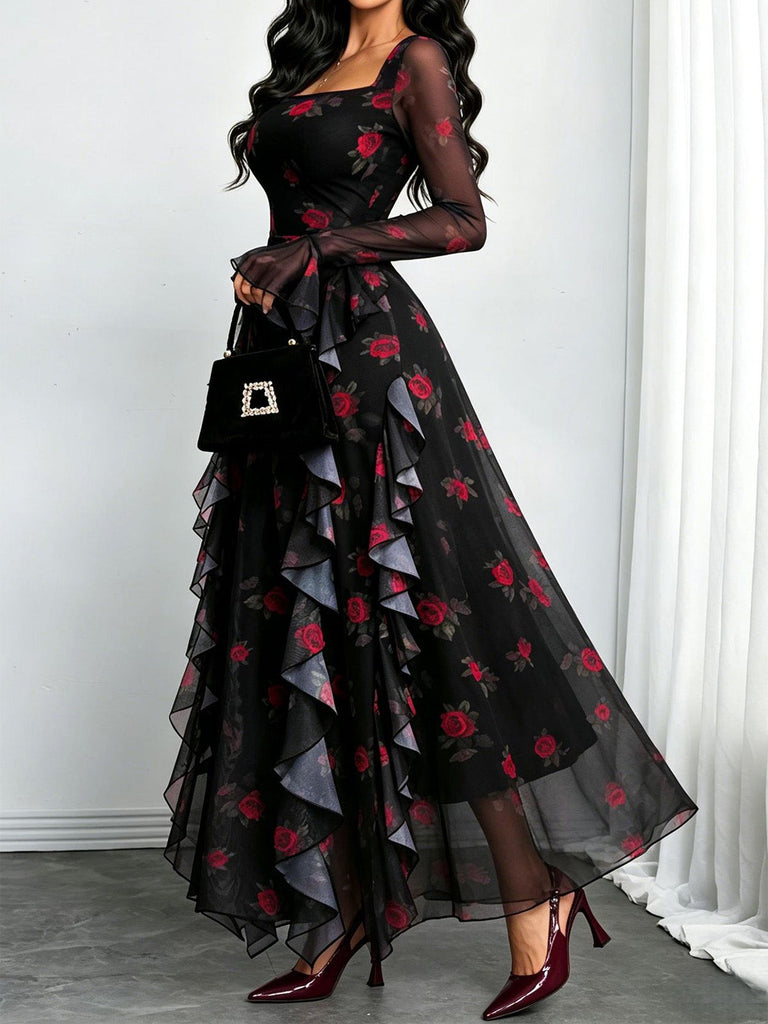 Robe longue léopard à col carré et volants années 1980