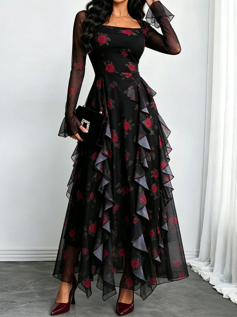 Robe longue léopard à col carré et volants années 1980