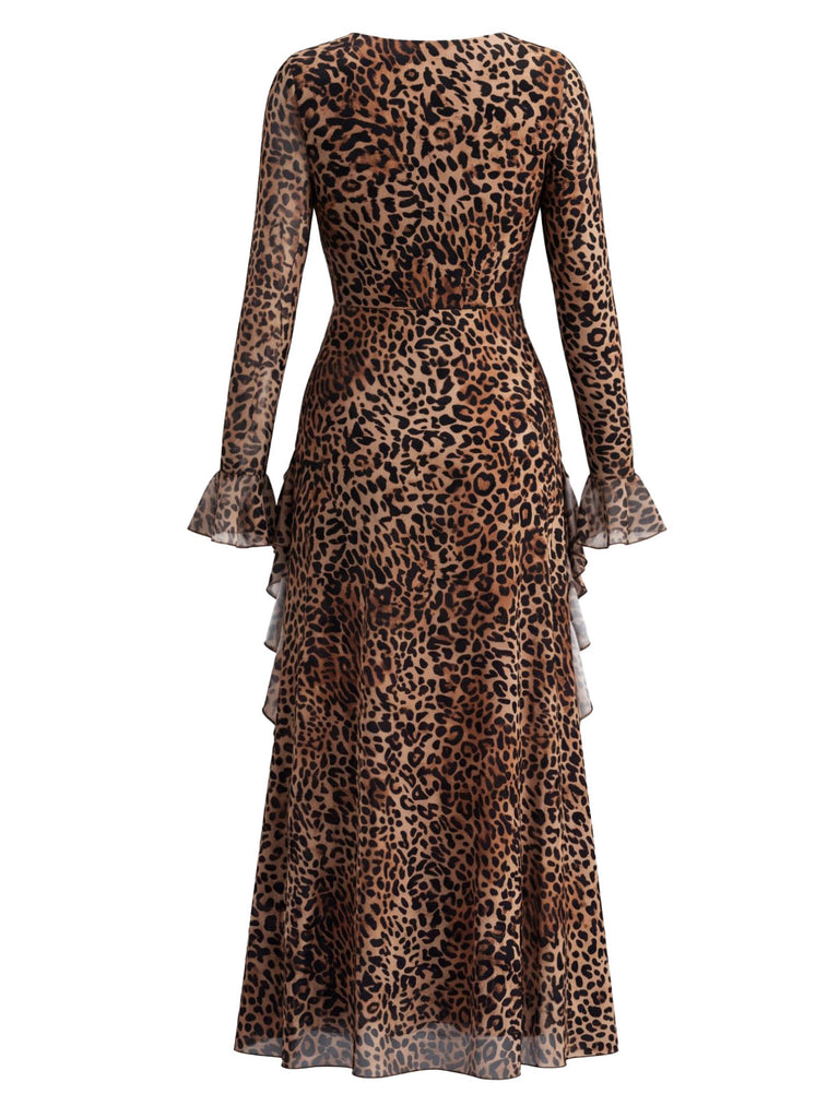 Robe longue léopard à col carré et volants années 1980