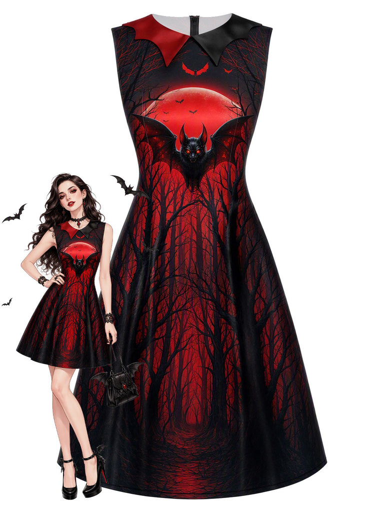 [Prévente] Robe gothique d’Halloween à imprimé vampire et chauves-souris années 1950