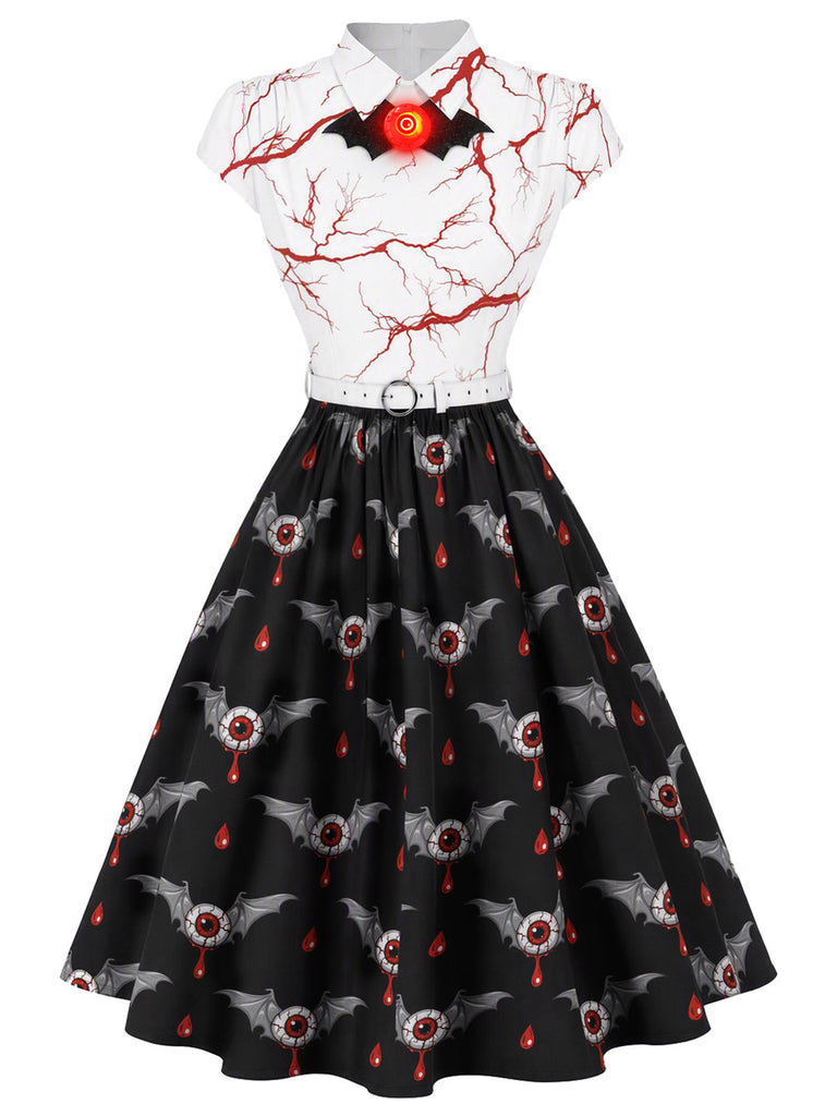[Prévente] Robe noire d’Halloween à imprimé globes oculaires ensanglantés et chauves-souris années 1950