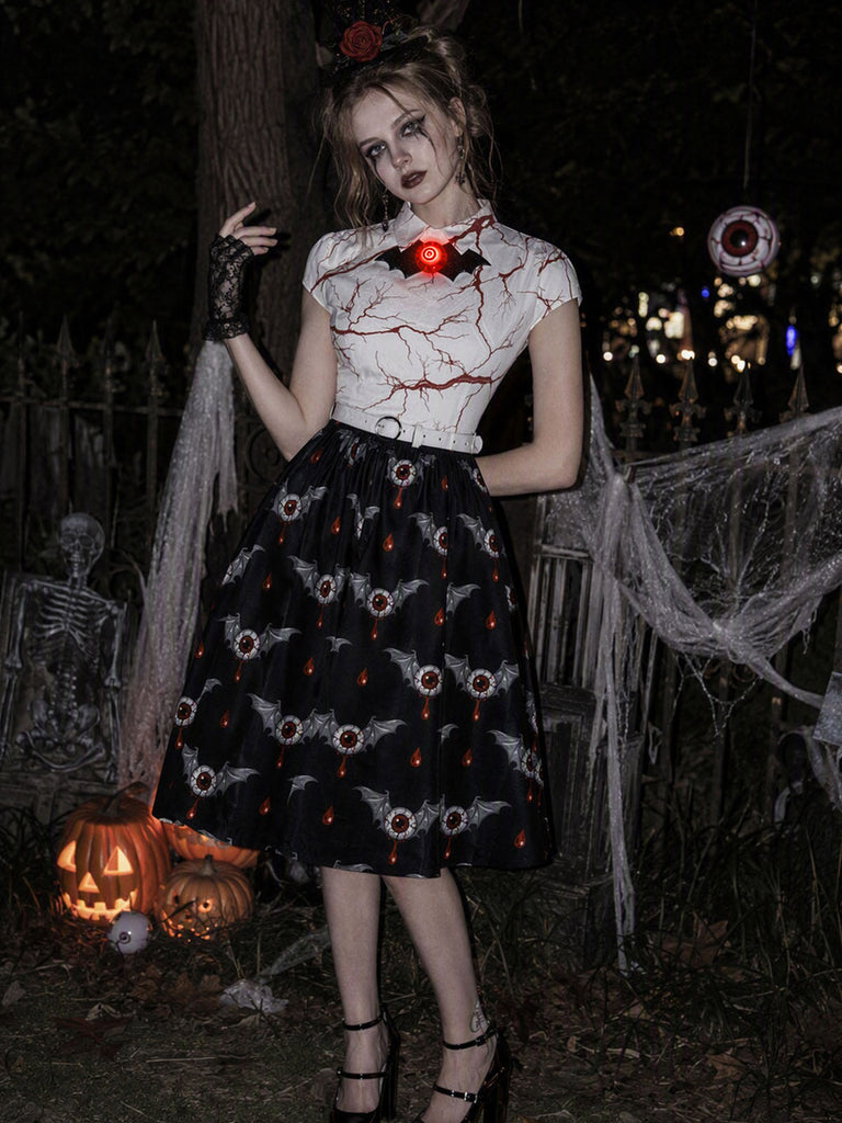 [Prévente] Robe noire d’Halloween à imprimé globes oculaires ensanglantés et chauves-souris années 1950