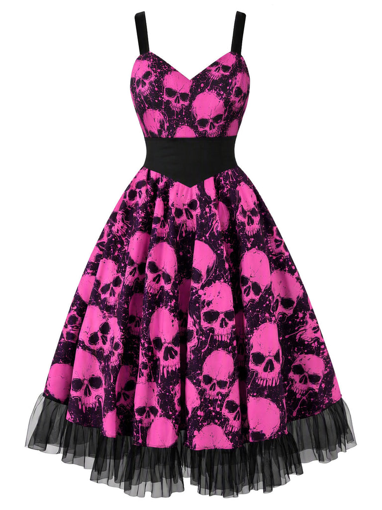 [Prévente] Robe évasée d’Halloween noire et rose à crânes, corset et tulle années 1950
