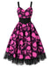[Prévente] Robe évasée d’Halloween noire et rose à crânes, corset et tulle années 1950