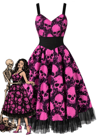 [Prévente] Robe évasée d’Halloween noire et rose à crânes, corset et tulle années 1950