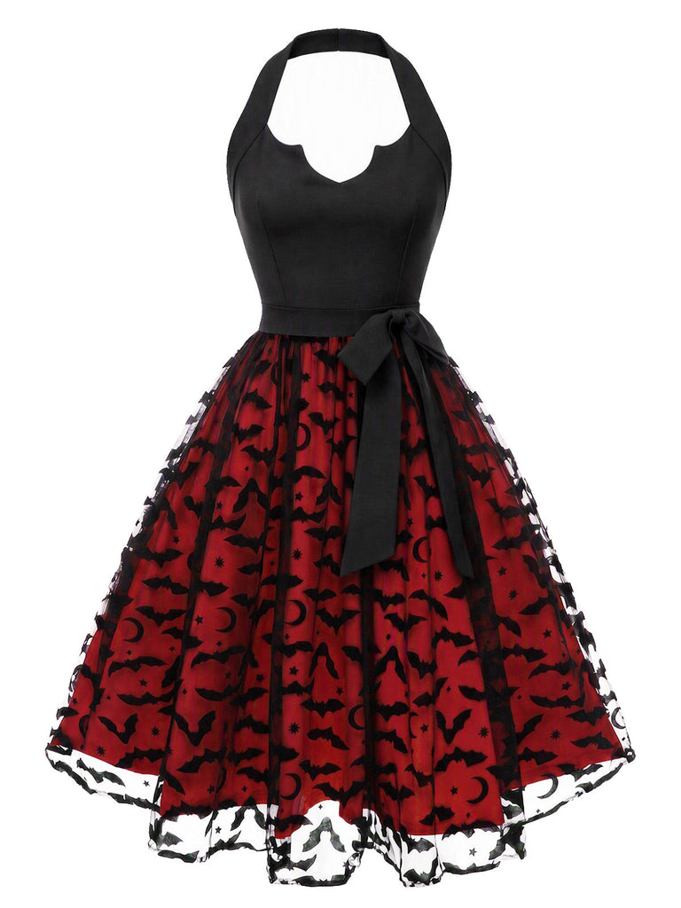 [Prévente] Robe rouge et noire d’Halloween dos nu Halter en tulle à chauves-souris et nœud années 1950