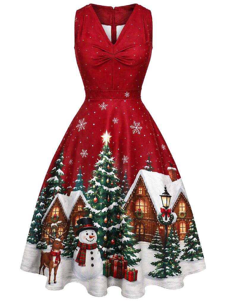 [Prévente] Robe trapèze froncée de Noël à col V Années 1950 - 2