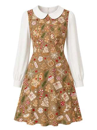[Prévente] Robe marron à imprimé pain d’épices et col Claudine années 1960