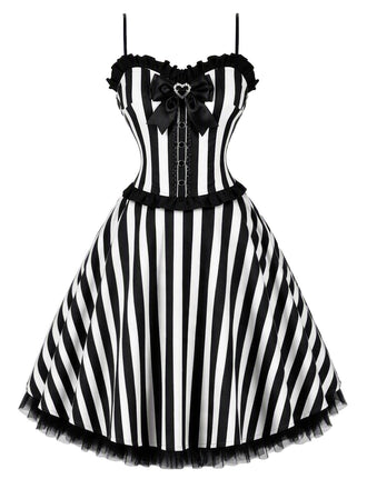 [Prévente] Robe évasée noire et blanche en tulle à rayures et nœud années 1950