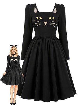 [Prévente] Ensemble robe noire à col carré et accessoires chat années 1950