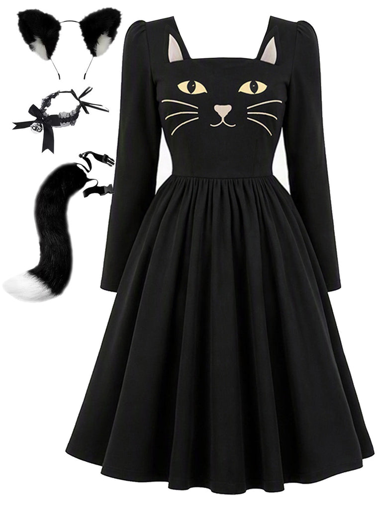 [Prévente] Ensemble robe noire à col carré et accessoires chat années 1950