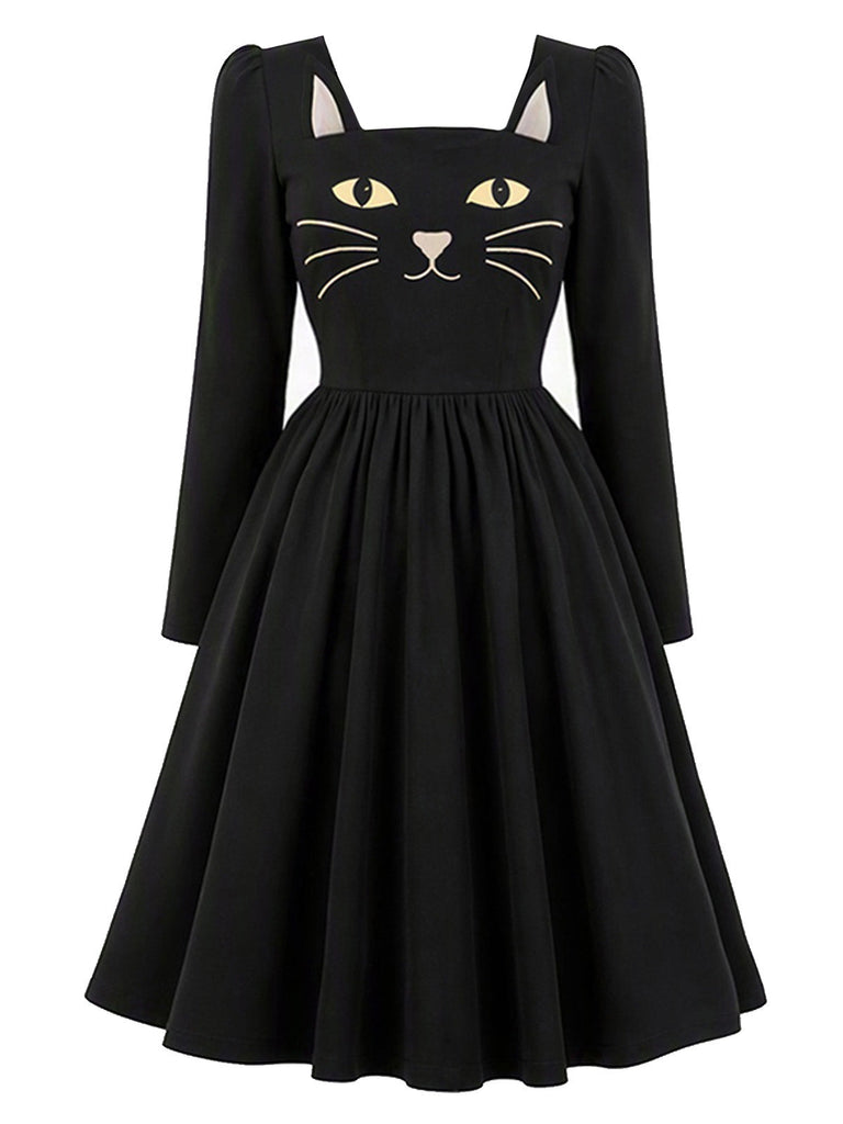 [Prévente] Ensemble robe noire à col carré et accessoires chat années 1950