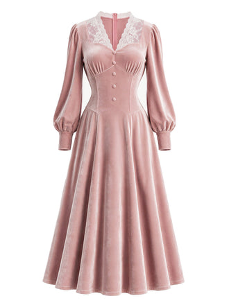 [Prévente] Robe rose en velours à col en dentelle et manches longues Années 1930 - 2